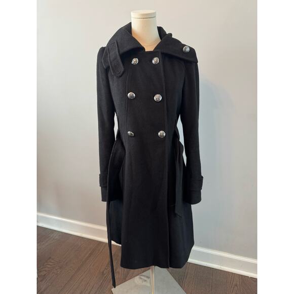 Tahari Italian Wool Long Coat, Double Breasted with Belt & Funnel Neck Military - Picture 5 of 8